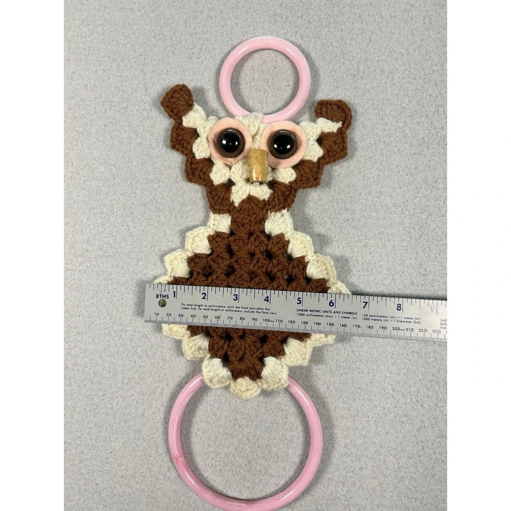 Vtg Crochet Owl Hand Towel Holder Ring with Real looking Eyes Brown Pink MCM 15